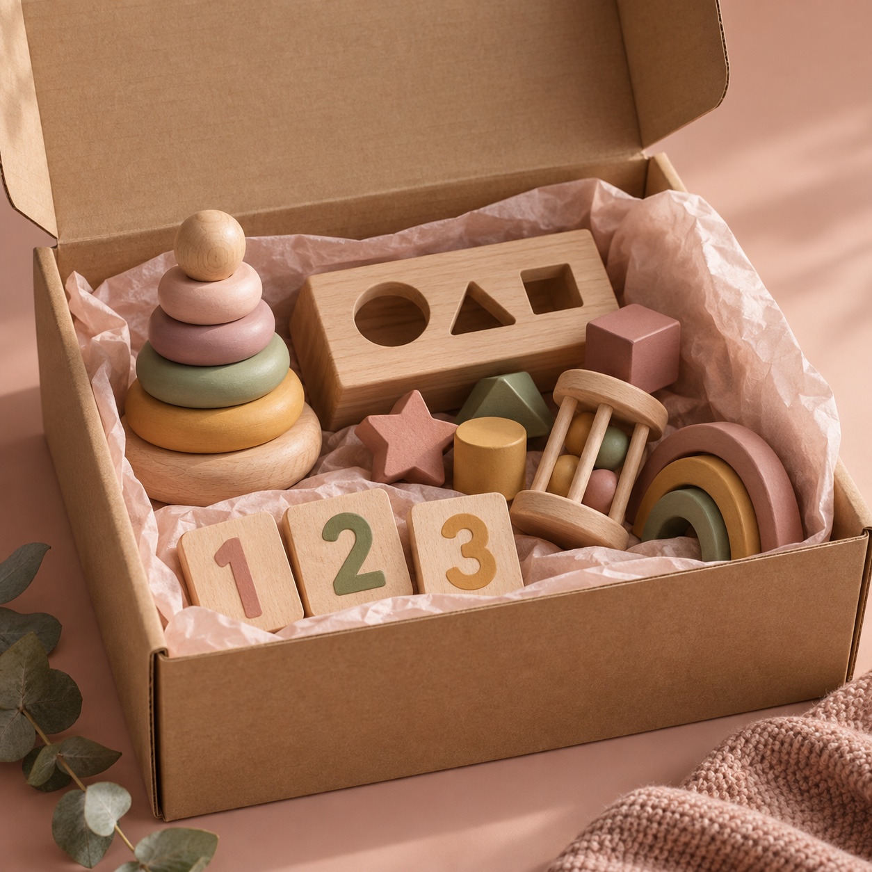 Imagen ilustrativa de una caja sorpresa con juegos de madera y materiales en tonos pastel