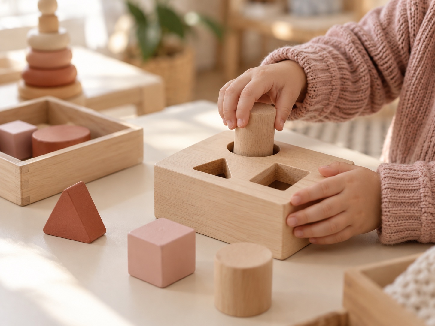 Manos de un niño explorando un juego de encastre de madera